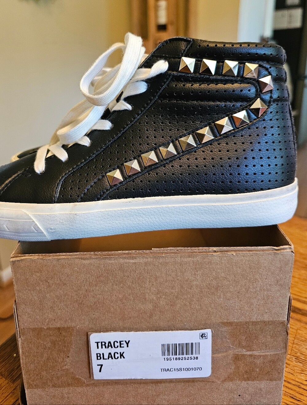 Steve Madden Tracey Black and White  High-Top Sneaker with Pyramid Studs
